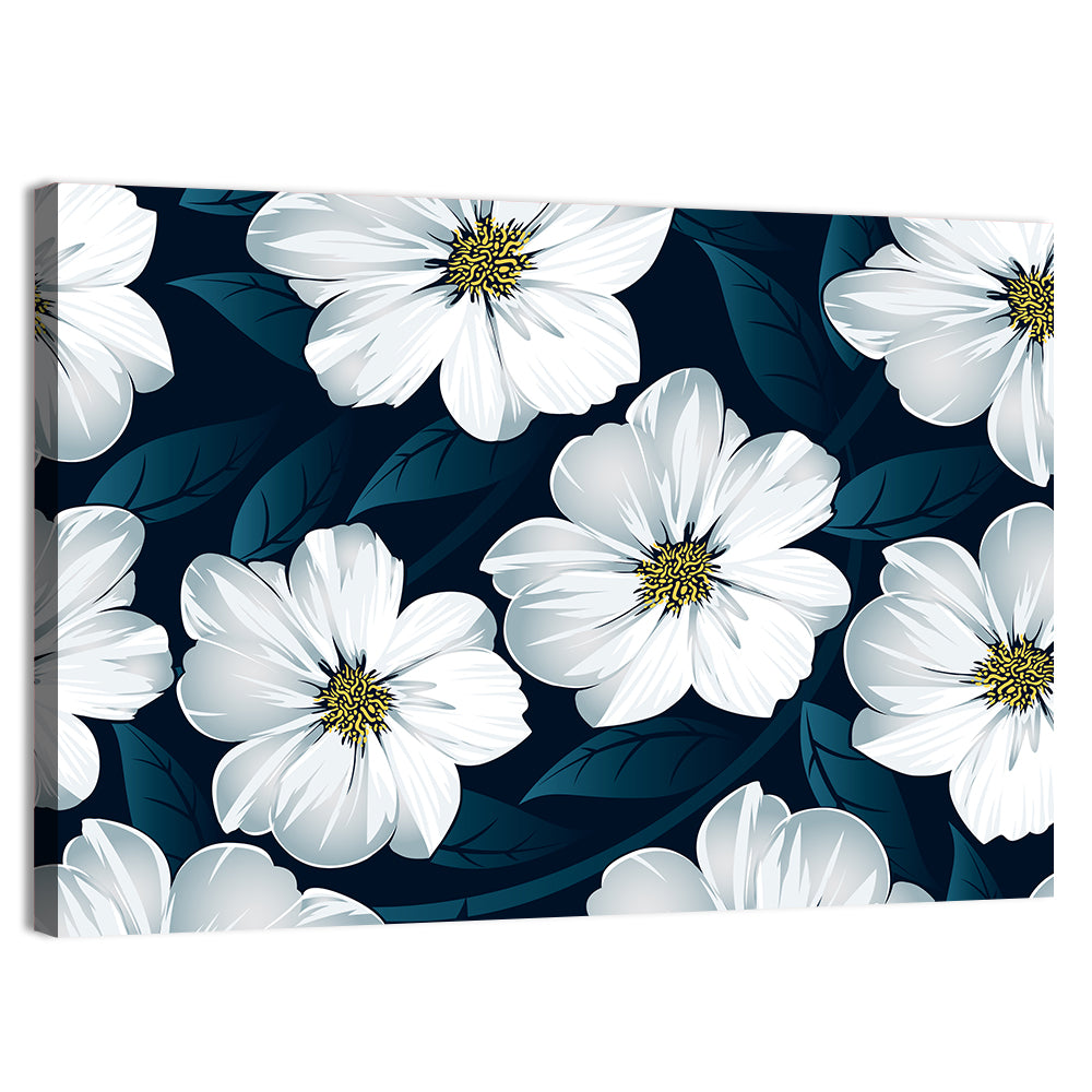 White Flowers on Navy Pattern Wall Art