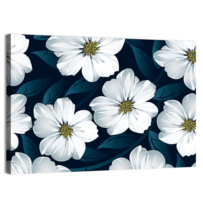 White Flowers on Navy Pattern Wall Art as a canvas print