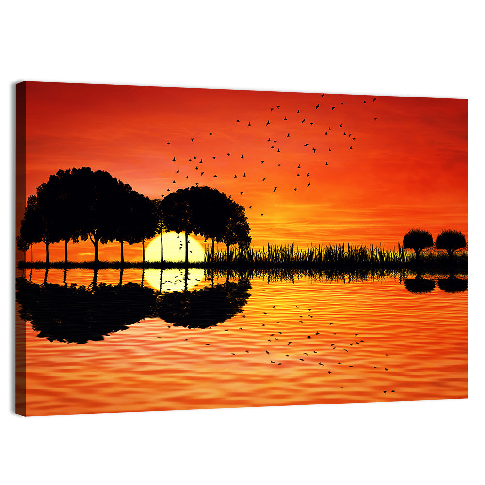 Sunset Trees and Lake Reflection Wall Art