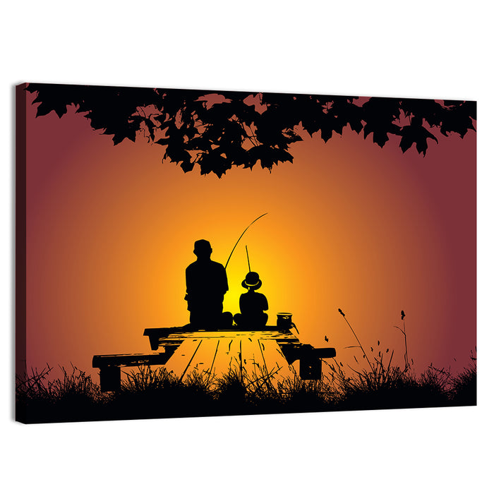 Dockside Sunset Fishing Silhouette Wall Art as a canvas print
