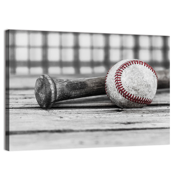 Worn Baseball and Bat on Wood Wall Art as a canvas print