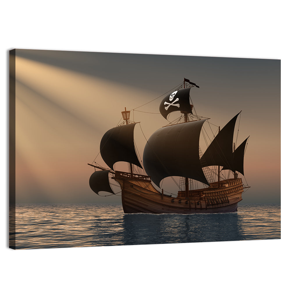 Pirate Ship at Sunset Wall Art, canvas print, landscape