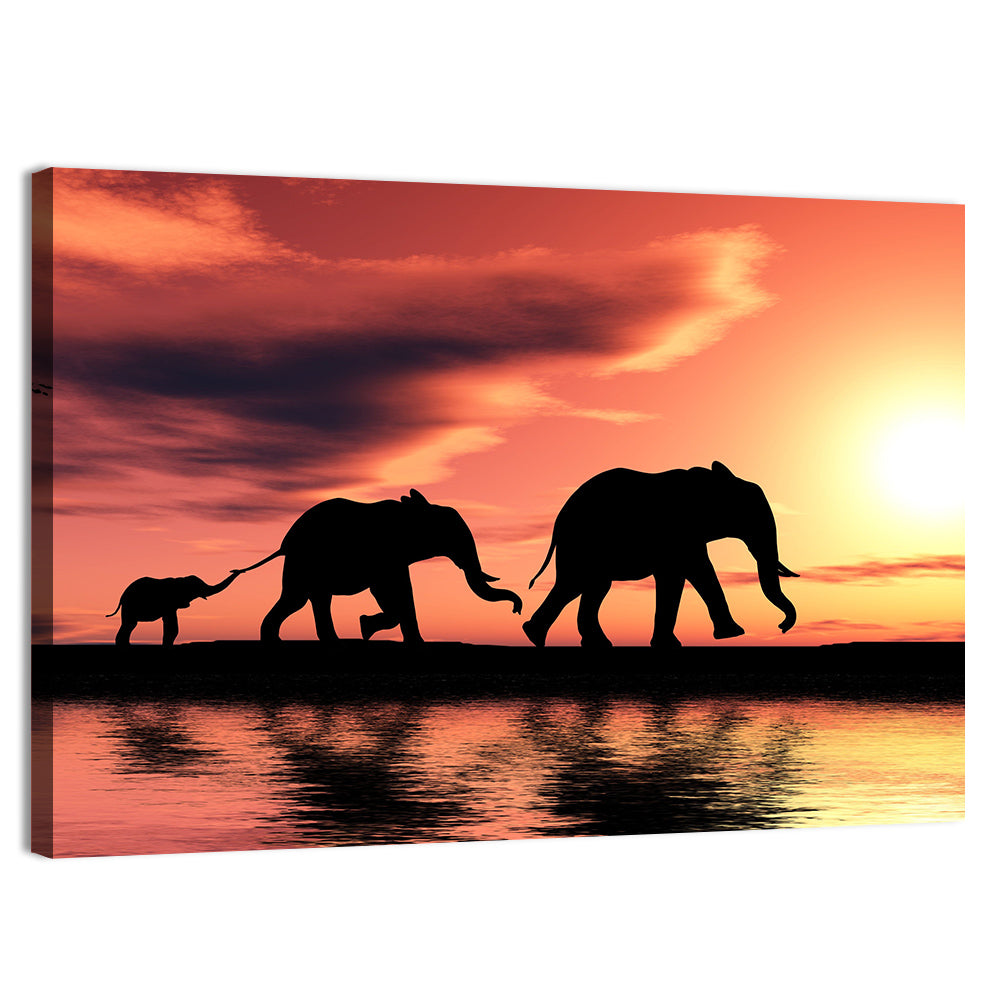 Marching Elephants at Sunset Wall Art, canvas print, landscape