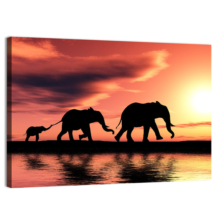 Marching Elephants at Sunset Wall Art as a canvas print
