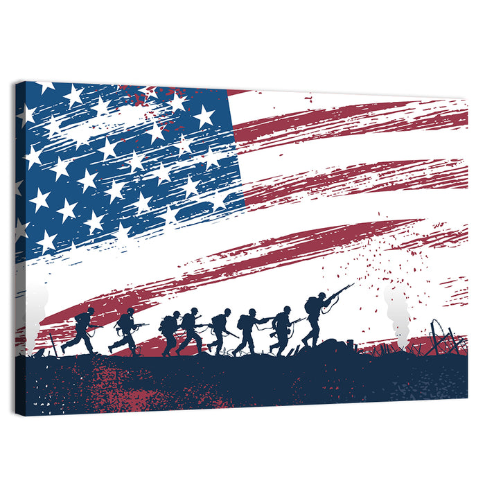 Silhouetted Soldiers with Distressed American Flag Wall Art as a canvas print