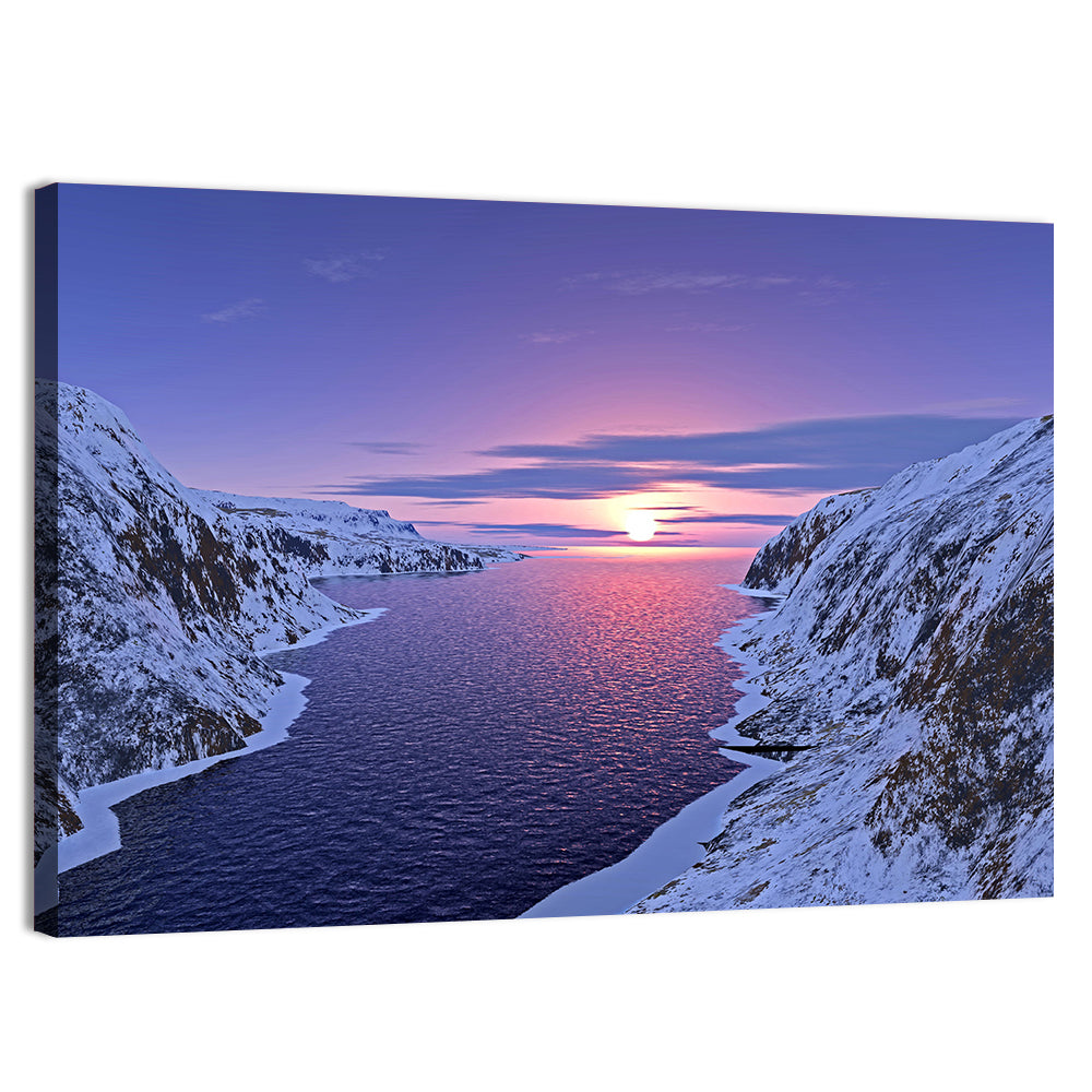 Snow-capped Mountain Fjord Sunset Wall Art, canvas print, landscape