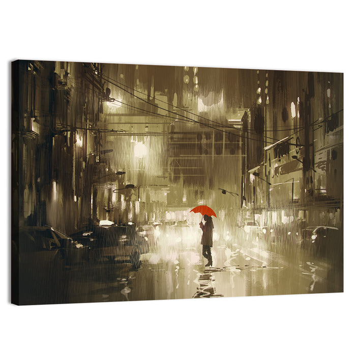 Red Umbrella on Rainy City Street Wall Art as a canvas print