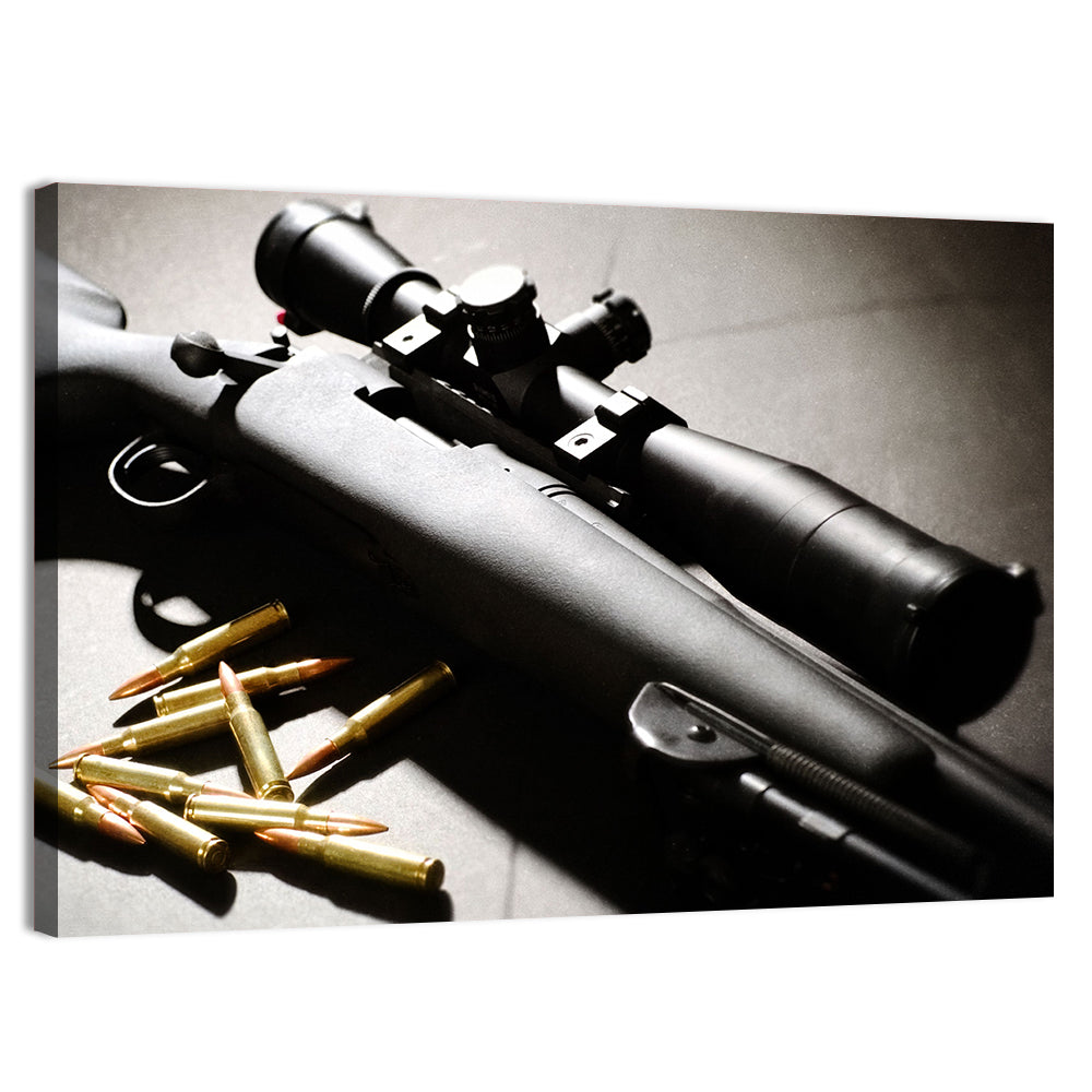 Bolt-action Sniper Rifle with Brass Cartridges Wall Art, canvas print, landscape
