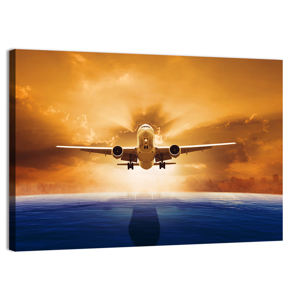 Landing Jet Over Ocean at Sunset Wall Art, canvas print, landscape
