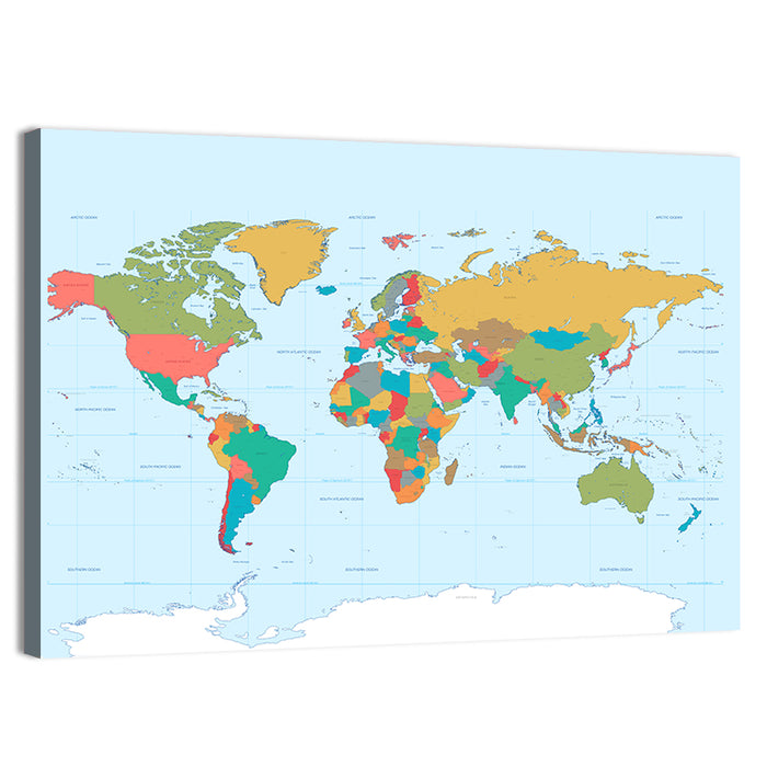 Colorful World Map with Grid Wall Art as a canvas print