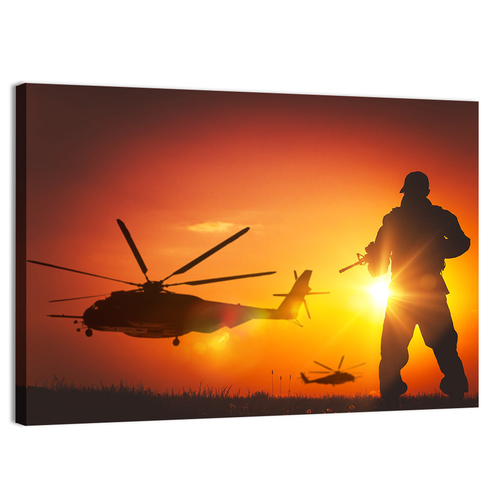 Soldier Silhouette at Sunset Wall Art, canvas print, landscape