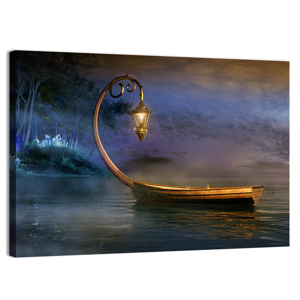 Lantern Boat on a Misty Lake Wall Art