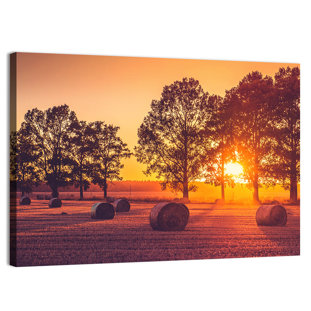 Sunset Over Hay Bales Wall Art, canvas print, landscape