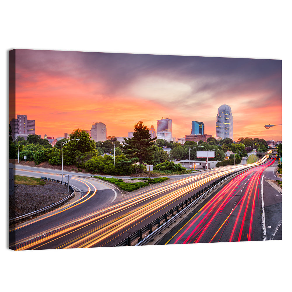 Winston-salem Dusk Skyline with Light Trails Wall Art
