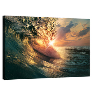 Ocean Wave Falling At Sunset Time Wall Art