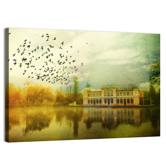 Old Mansion with Flock of Birds Wall Art as a canvas print