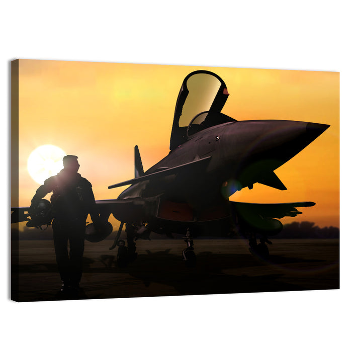 Pilot and Fighter Jet at Sunset Wall Art as a canvas print