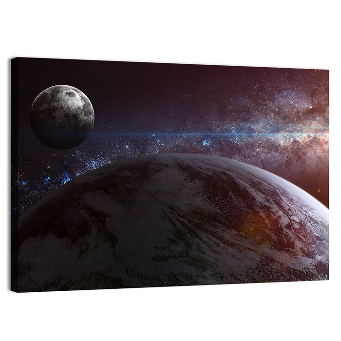 Earth and Moon Over Nebula Wall Art as a canvas print