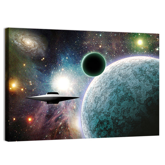 Saucer Near Cratered Planet Wall Art
