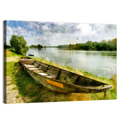 Weathered Wooden Boat on Riverbank Wall Art
