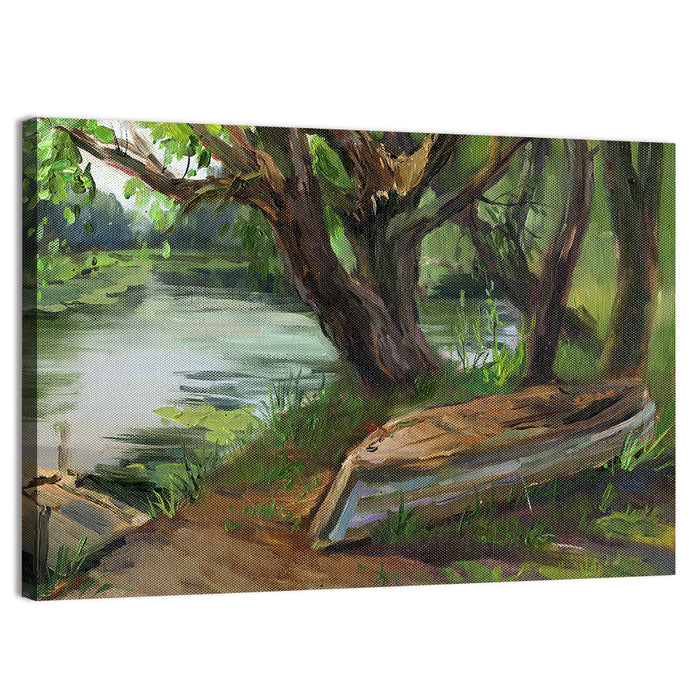 Overturned Boat on Quiet River Wall Art as a canvas print