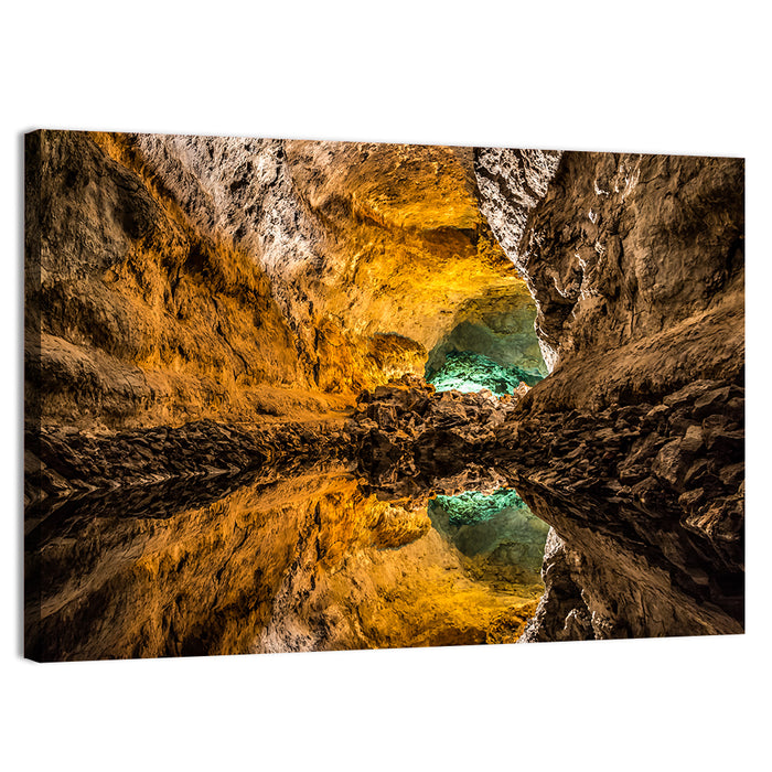 Glowing Green Cave Reflection Wall Art as a canvas print