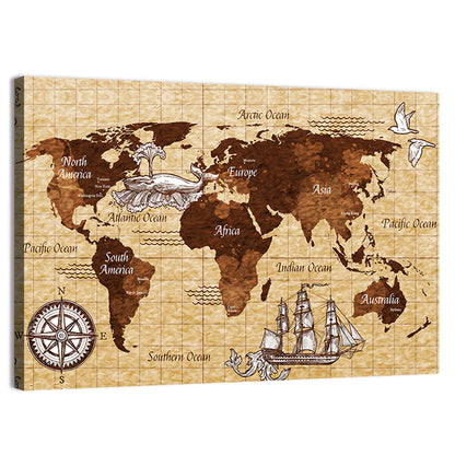 Vintage Nautical World Map Wall Art
