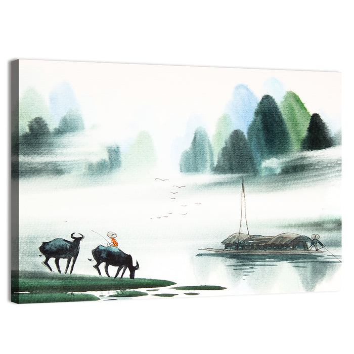 Water Buffalo in Misty Watercolor Wall Art as a canvas print