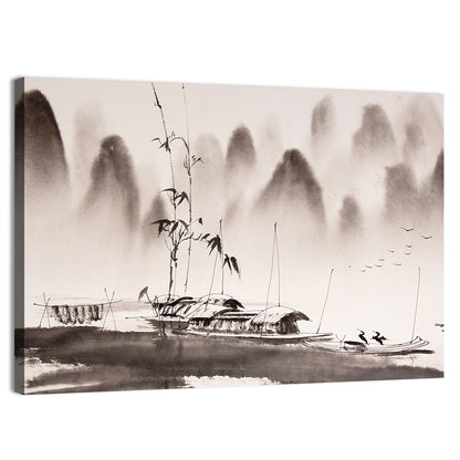 Misty Ink Wash Fishing Boats Wall Art