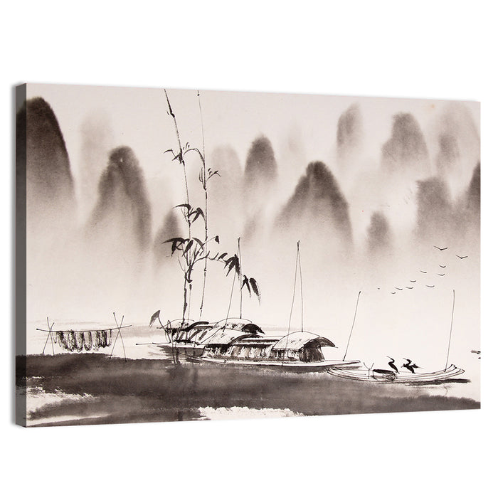 Misty Ink Wash Fishing Boats Wall Art as a canvas print