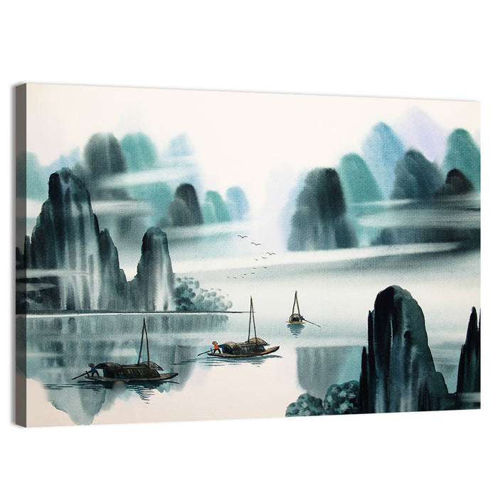 Misty Mountain Lake with Boats Wall Art as a canvas print