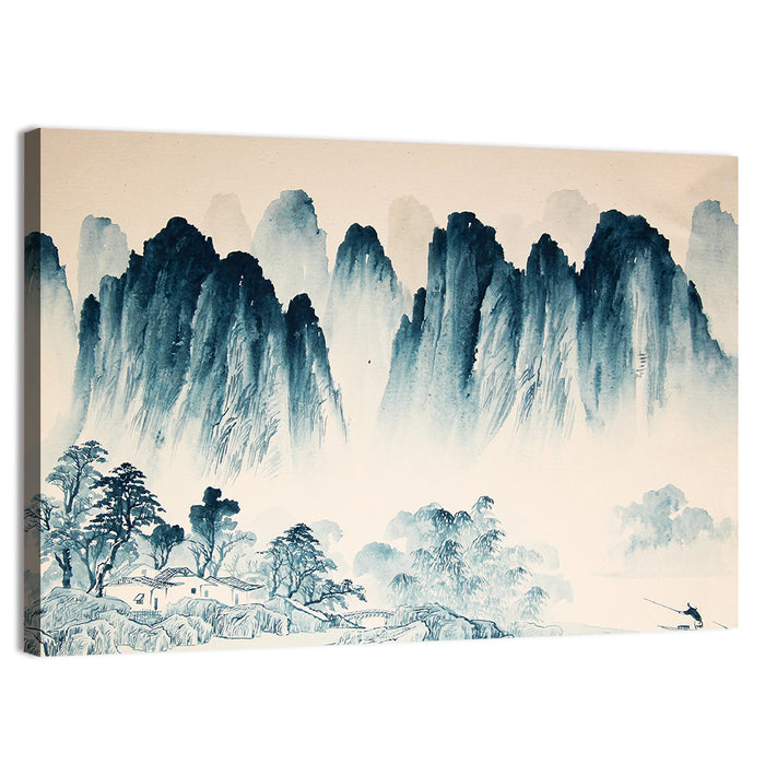 Misty Mountain with Fisherman Wall Art as a canvas print