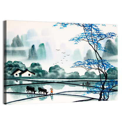 Blue Tree Over Rice Paddies Wall Art