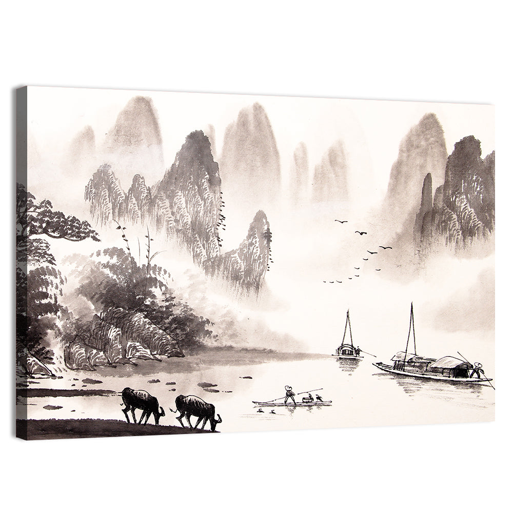 Misty Mountain Ink Wash Landscape Wall Art