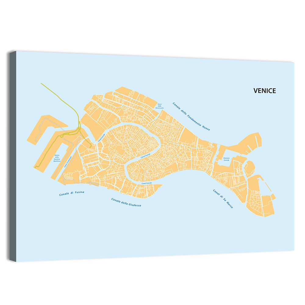 Venice Canal Map, Light Blue and Orange Wall Art, canvas print, landscape