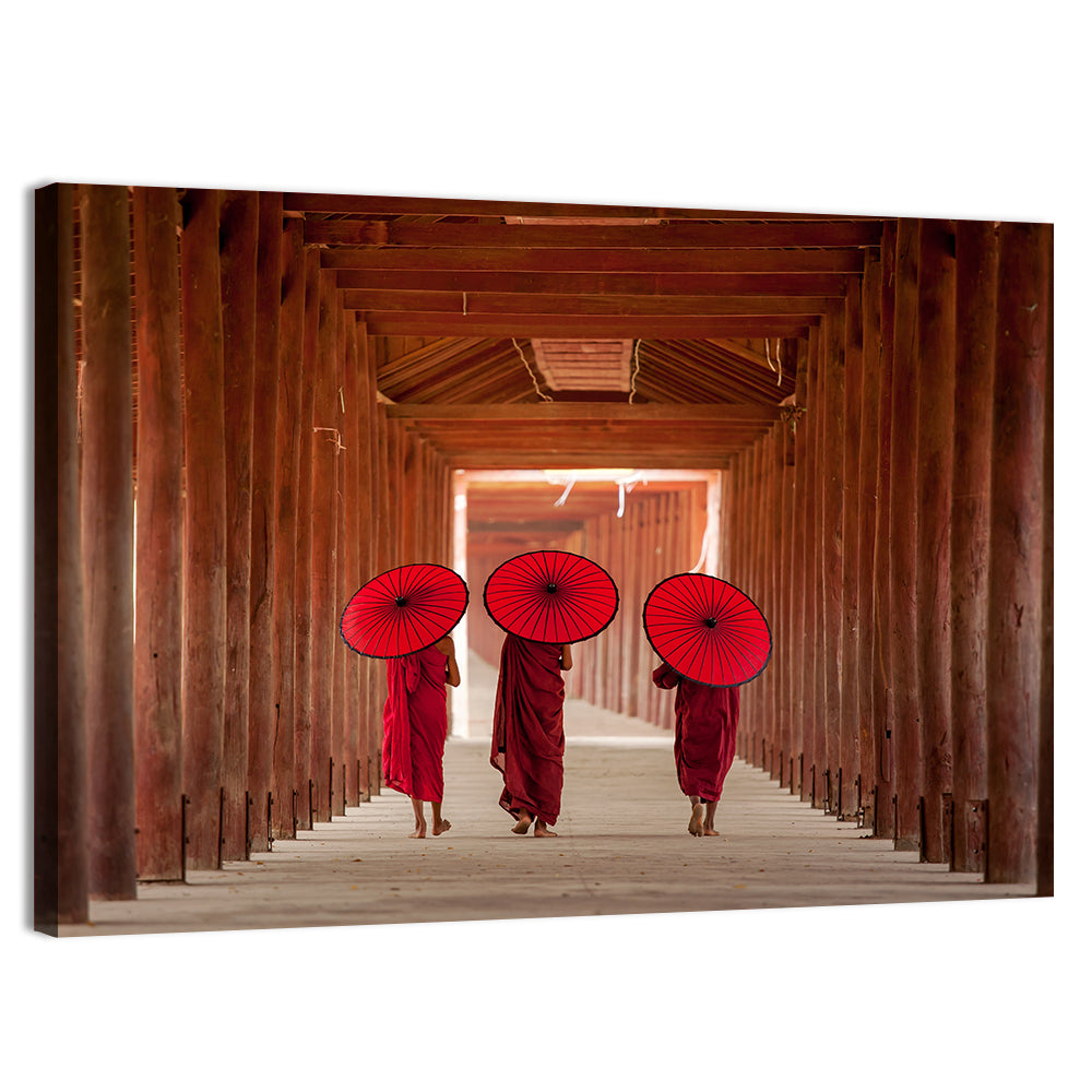 Novice Monks with Red Umbrellas Wall Art, canvas print, landscape