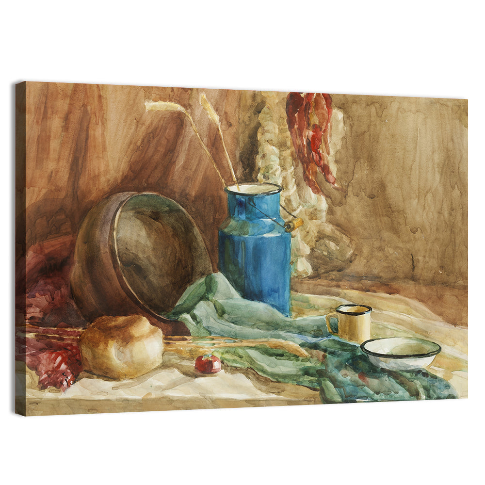 Blue Milk Can Watercolor Still Life Wall Art