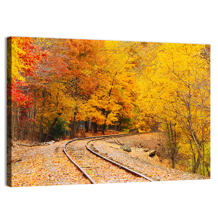 Curving Railroad Through Autumn Forest Wall Art as a canvas print