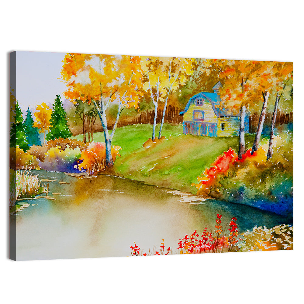 Golden Autumn Pond Landscape Wall Art, canvas print, landscape
