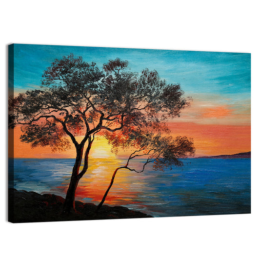 Lake Sunset with Twin Tree Silhouettes Wall Art