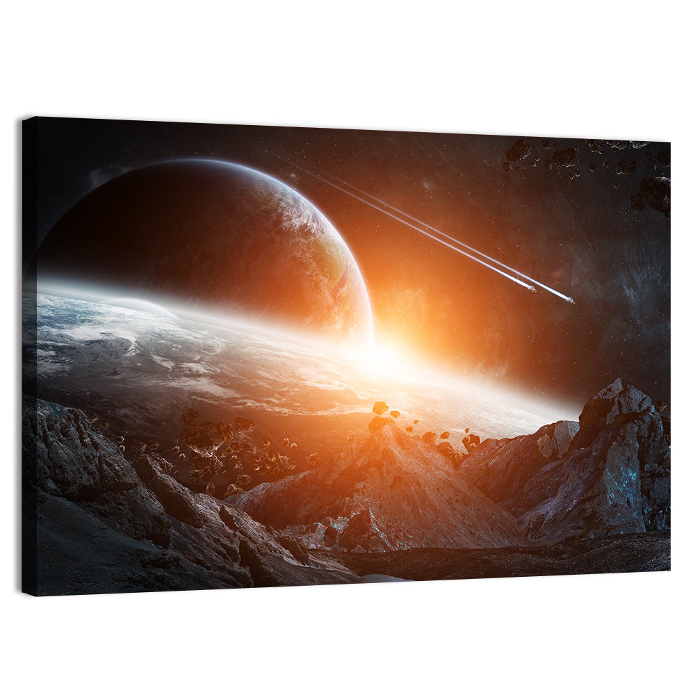 Gigantic Asteroids Over Ringed Planet Wall Art