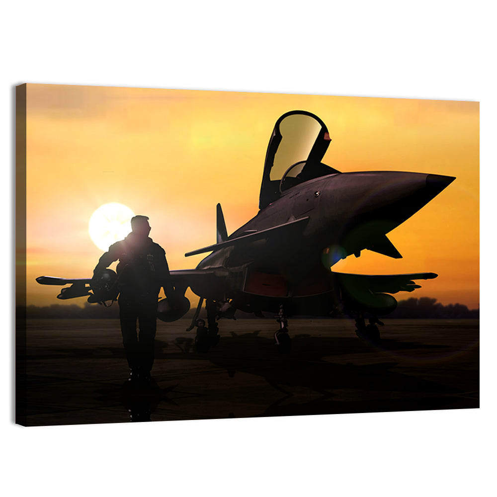 Pilot and Fighter Jet at Sunset Wall Art, canvas print, landscape