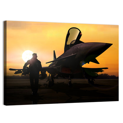 Pilot and Fighter Jet at Sunset Wall Art