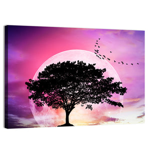 Tree Under Fantasy Sky With Moon Wall Art