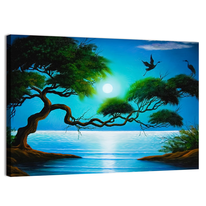 Moonlit Coastal Tree Wall Art as a canvas print