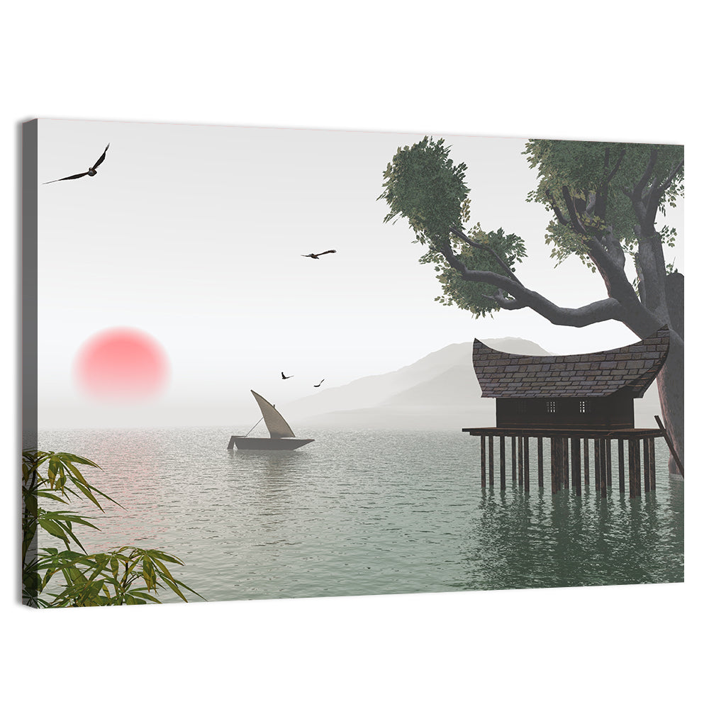Red Sun Over Japanese Lake Wall Art