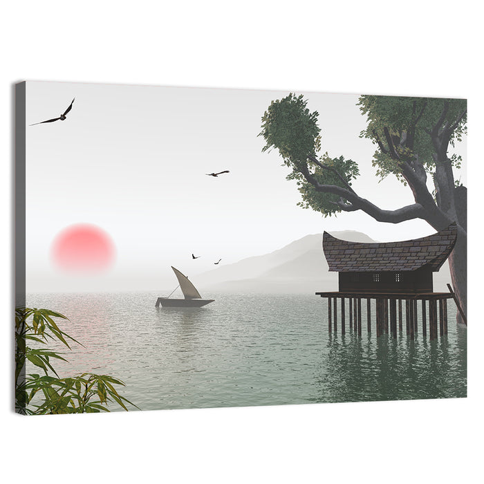 Red Sun Over Japanese Lake Wall Art as a canvas print