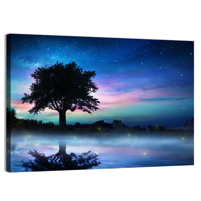 Lonely Tree Under Starry Sky Wall Art as a canvas print