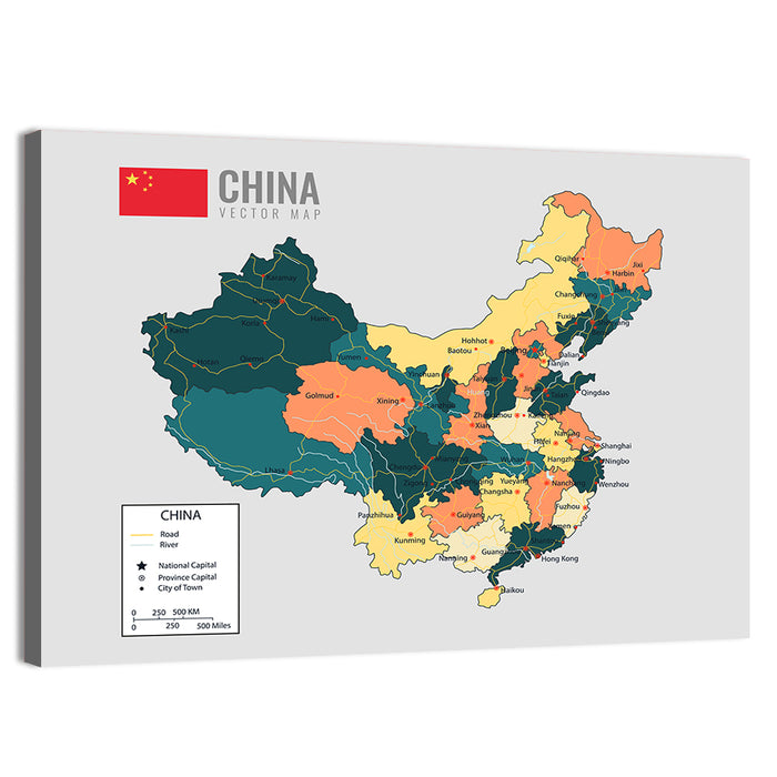 China Political Map Wall Art as a canvas print