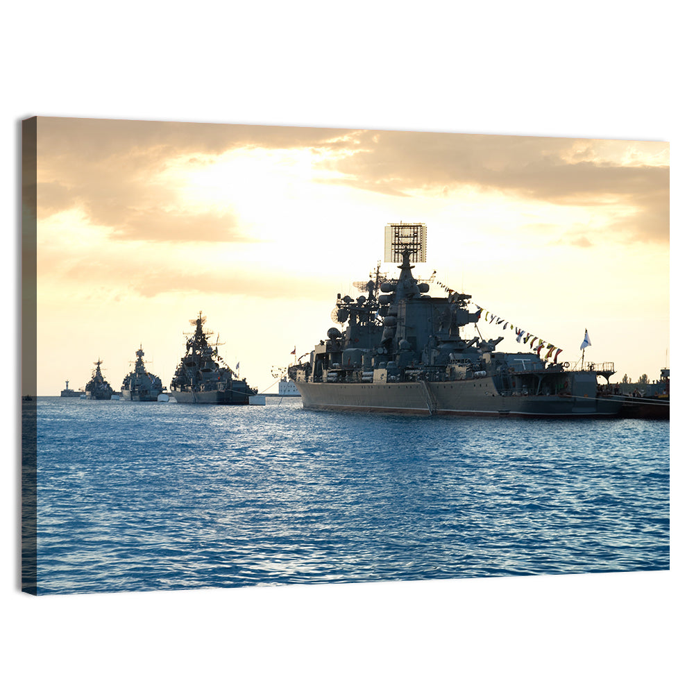 Naval Fleet at Golden Sunset Wall Art, canvas print, landscape